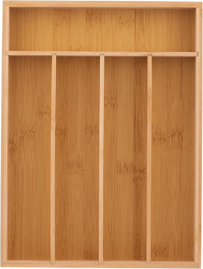 Wooden Silverware Organizer for Drawer, Bamboo Utensil Drawer Organizers, Kitchen Utensil Organizer Tray with 5 Storage Compartments, Flatware Organizers for Cutlery Flatware 13.1 x 9.8 x 1.5"