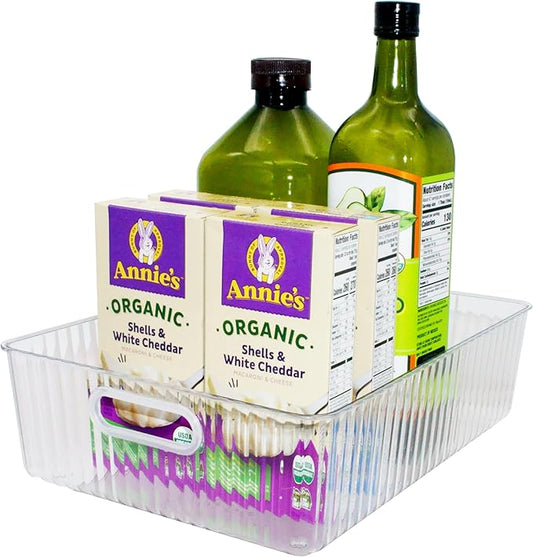 Oggi Clear Fluted Storage Bin with Handle - Durable Plastic Organizer for Fridge, Pantry, Cabinets & Countertop, Modern Farmhouse Style, Ideal for Kitchen Organization and Storage, 13.5" x 9.7"