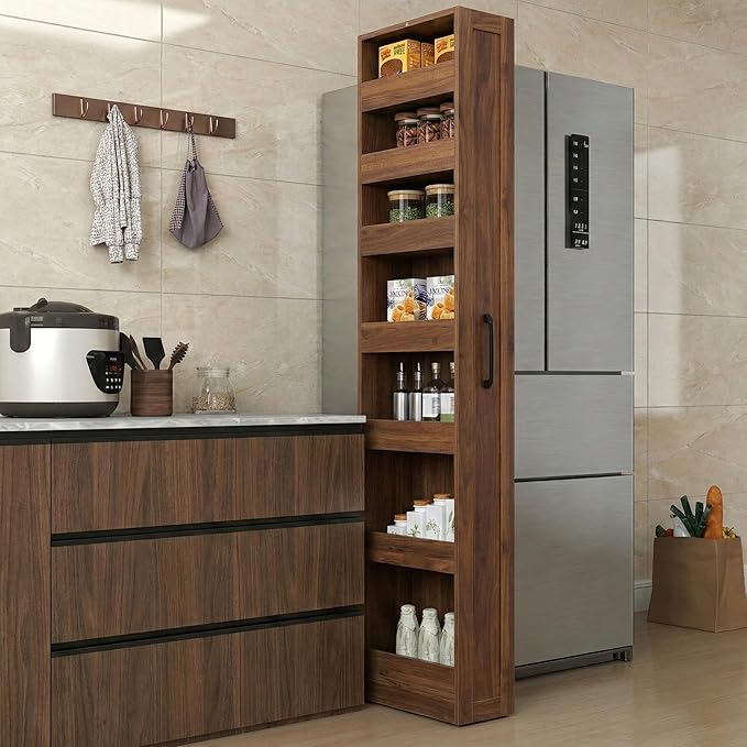 Slim Rolling Storage Cart, 7-Tier Pull-Out Spice Rack with Handle & Wheels, Narrow Kitchen Organizer for Next to Fridge, Pantry, Laundry Room, 7.87 Inch Wide Space Saver (Walnut, Hidden Wheels)