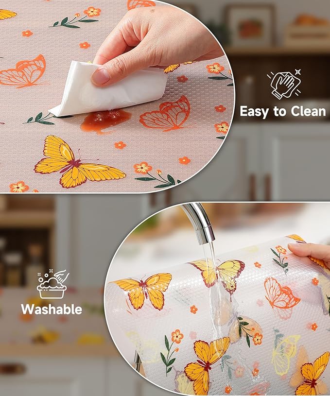 Drawer & Shelf Liner for Kitchen Cabinets Non Adhesive Waterproof Oilproof Easy to Cut Reusable Washable Shelf Paper for Refrigerator, Cupboard, Dresser, Bathroom (Colorful Butterfly, 11.8"W x 360"L)