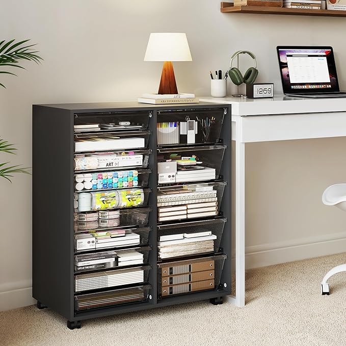 WOPITUES Rolling Cart with Wooden Tabletop, Mobile Storage Cabinet with 15 Clear Drawers, Craft Cabinet with 5 Large Drawers, Printer Stand Home Office, Black Dresser Chest