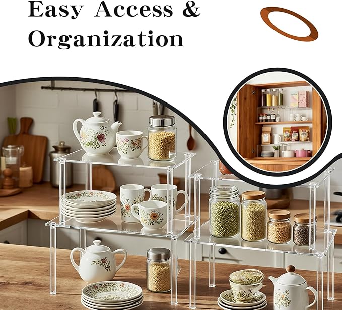 2Pack 2-Tier Acrylic Spice Rack, Spice Rack Organizer for Cabinet, Stackable Clear Shelves for Kitchen Pantry Storage