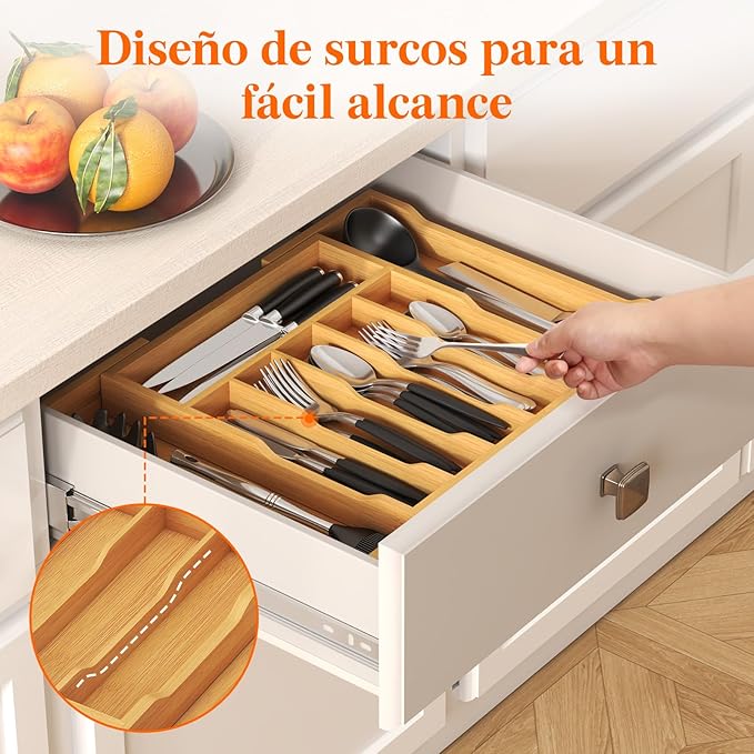 Lifewit Silverware Drawer Organizer, Expandable Utensil Tray for Kitchen, Bamboo Flatware and Cutlery Holder, Wood Adjustable Storage for Spoons Forks Knives, 13-22x15"/ 33 -56x38cm, Natural