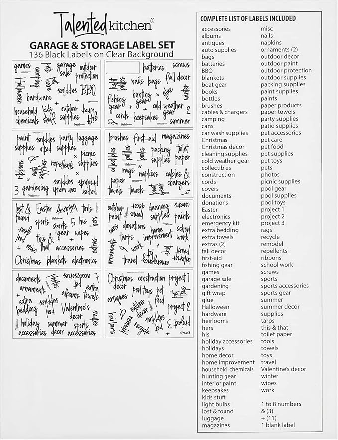 Talented Kitchen Removable Storage Bin Labels - Preprinted Water-Resistant Script Labels - Easy Peel-Off Decals for Home Organization - Garage Organization Stickers - Pack of 136, 1.25" Rectangles