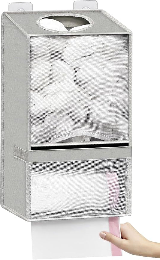 Wall Mount Plastic Bag Holder - Large Oxford Cloth Grocery Bag Holder, 2-in-1 Plastic Bags Organizer with Trash Roll Dispenser for Home Kitchen Closet Cabinets Sink, Gray