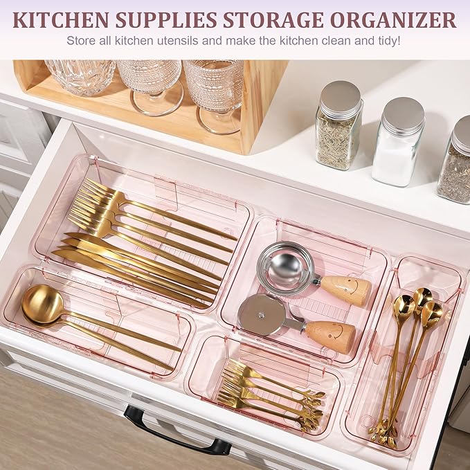 15 Pcs Adjustable Clear Drawer Organizer, All Extendable Vanity Storage Bins, Desk Drawer Organizer Set for Makeup, Cosmetics, Bedroom, and Gadgets, Pink