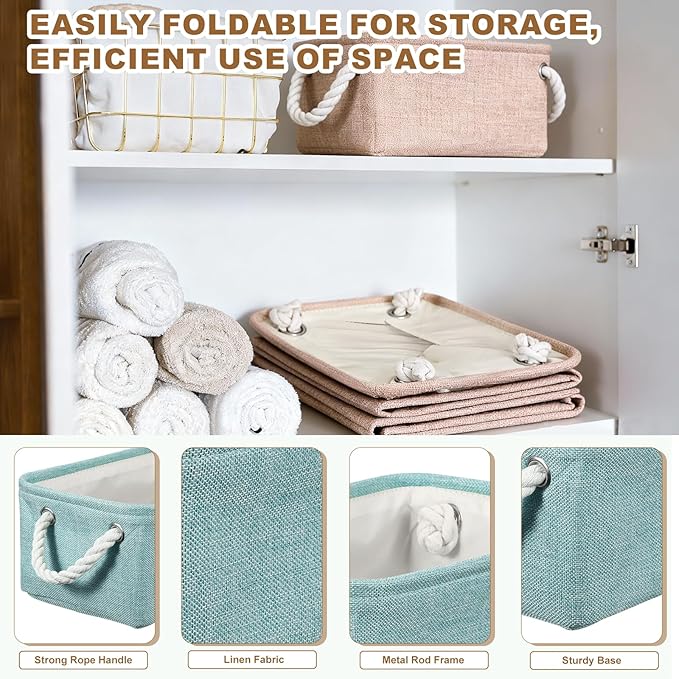 uxcell 2Pcs Fabric Storage Bins, 14 x 10.2 x 6.3 Inch Foldable Storage Cubes with Rope Handles Collapsible Bins Baskets for Home Office Shelves Closet Clothes Books Organizing, Blue Green