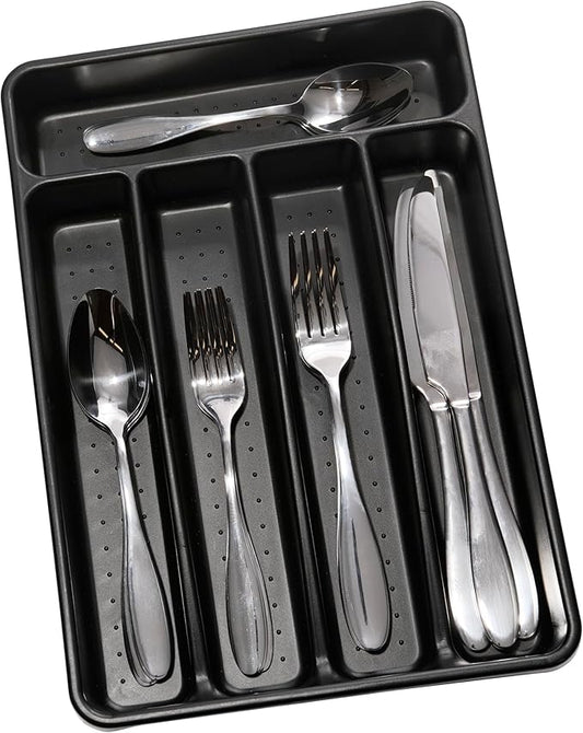 madesmart Small Silverware Tray, Compact 5 Compartment Flatware Organizer for Forks, Knives & Spoons, Non Slip, Soft Grip Lining, Fits Small Drawers, Carbon