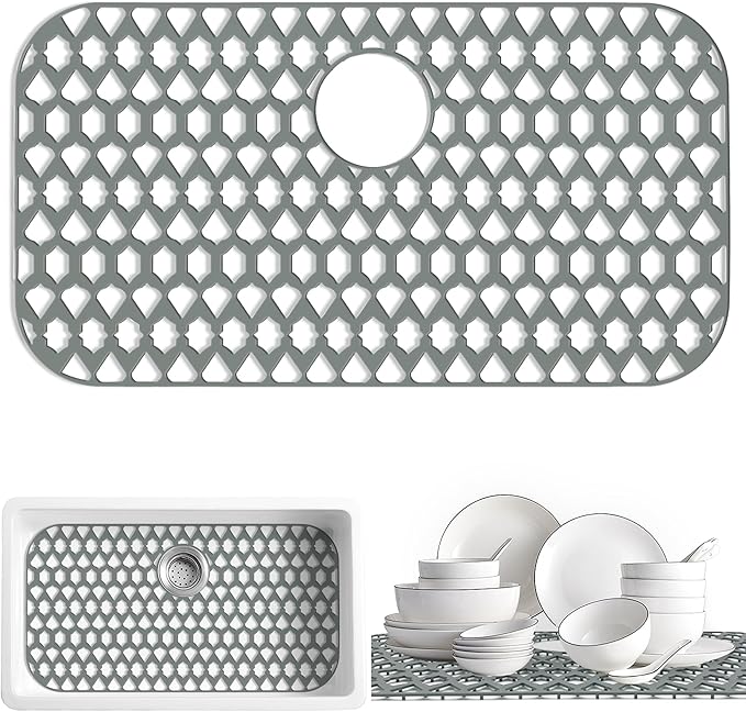 SAMSIER Sink Protectors for Kitchen Sink, Kitchen Sink Accessory - Silicone Mats Grid for Stainless Steel Strainer Bottom of Farmhouse Porcelain sinks (30”x16”, Rear Drain)