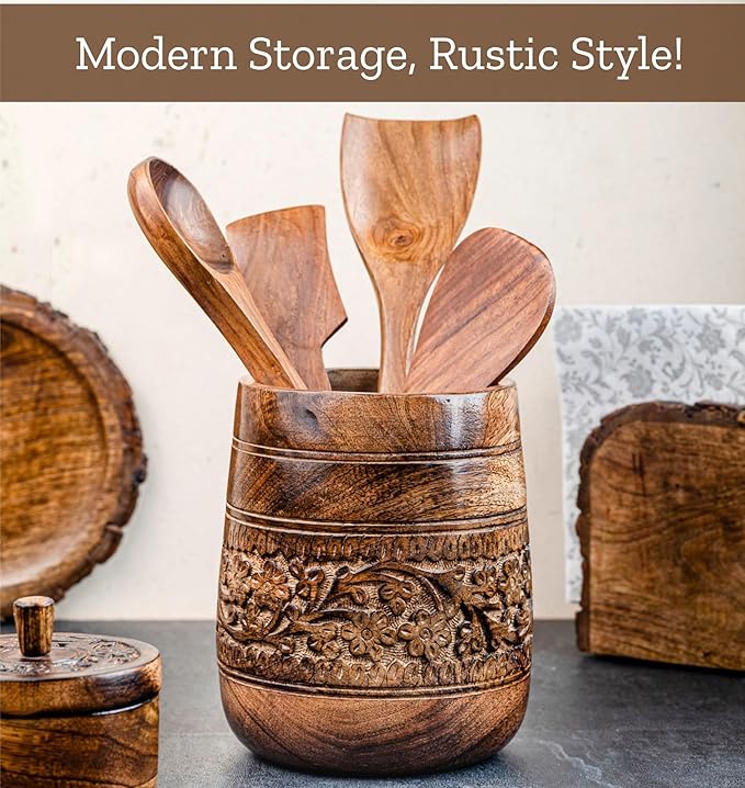 Mie Creations Rustic 7'' Large Utensil Crock Holder for Kitchen Countertop | Wooden Cooking Spatula Organizer for Party, Floral Hand carving Utensils Caddy, Vintage Kitchen Counter Decor- Dark Brown