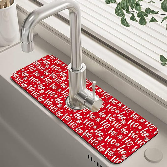 Christmas Hohoho Kitchen Sink Splash Guard Mat Santa Claus Laugh Sink Splash Guard Faucet Mat Draining Mat Fast Drying Sink Protectors for Kitchen and Bathroom 5.5"×15"