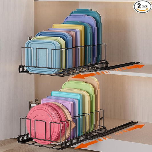 Housolution Pull Out Food Container Lid Organizer with Sliding Rail, Slide Out Plastic Lid Holder Compatible with Tupperware, Metal Storage Rack with 10 Adjustable Dividers for Cabinet, 2 Pack
