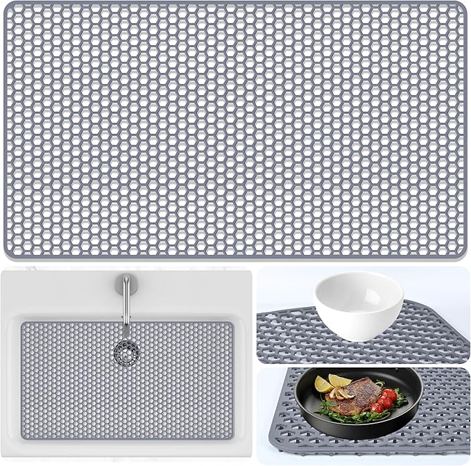 Inchoco Sink Protectors Mat - 28.3"x15.55" Kitchen Sink Pad for Bottom of Basin for Protection of Stainless Steel and Tableware, Farmhouse Rubber Basin Mat Protector - Light Gray