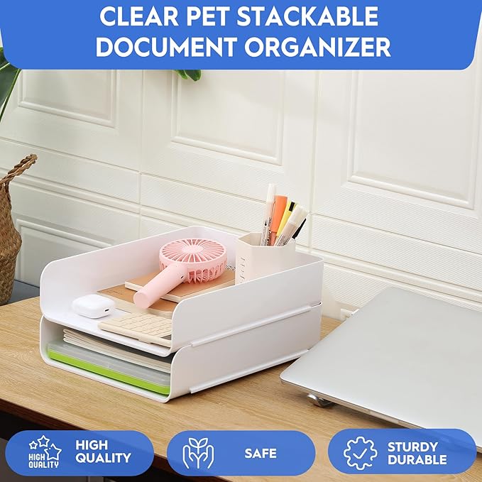 Desk Letter Tray Set of 2, Office Organization and Storage, PET Stackable Document Organizer for Notes, Pens, File Paper, White