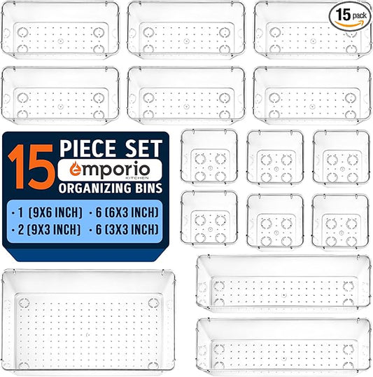 Drawer Organizer Set - Includes 1-piece 9x6" bins, 2-piece 9x3" bins, 6-piece 6x3" Bins, 6-piece 3x3" Bins, Stackable 4 Size Storage Trays for Makeup, Kitchen, and Office, Pack of 15