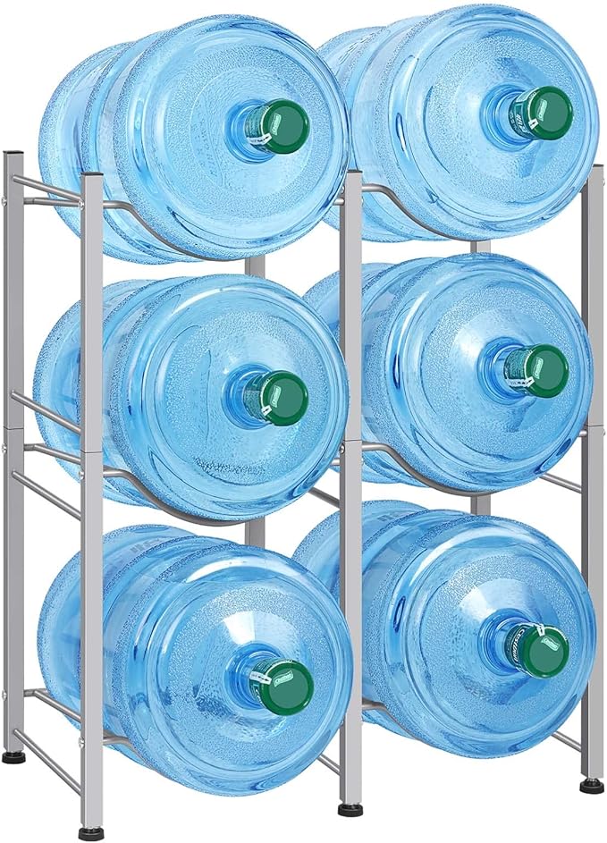 LIANTRAL 5 Gallon Water Bottle Holder, 3 Tier Silver Double Row Heavy Duty Cooler Jug Rack with 6 Slots for Home Kitchen