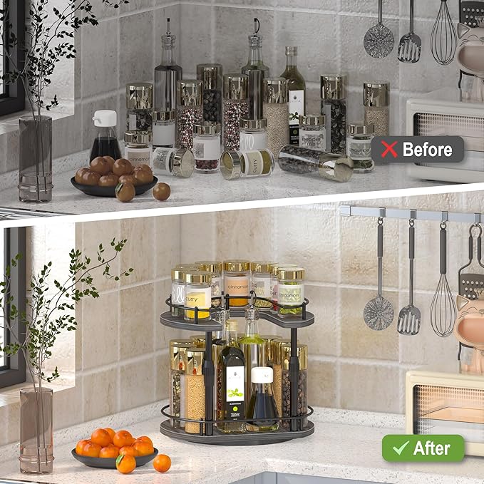 Lazy Susan Spice Rack Organizer For Cabinet With Adjustable Height, 12 inch Rotating Countertop Seasoning Organizer For Tall Bottle, 2-Tier Spining Turntable Spice Holder For Pantry