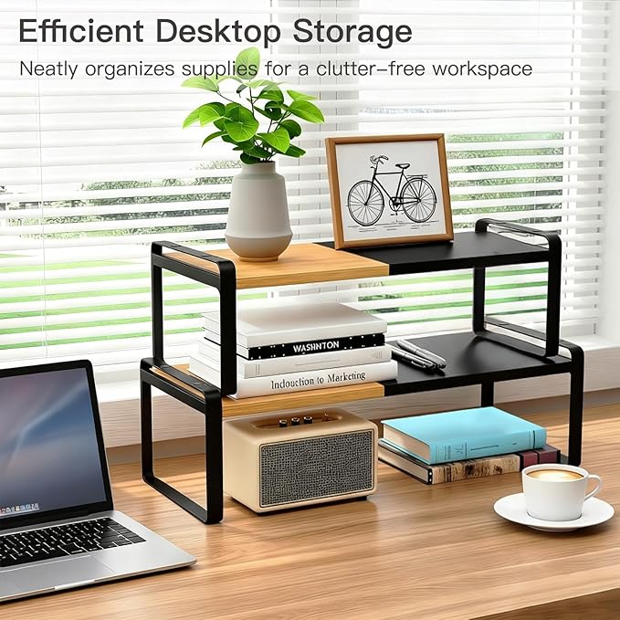 Countertop Spice Rack & Cabinet Shelf Organizer, Metal Desk Shelf Riser for Office, Industrial Black Desktop Stand for Computer Monitor, Printer & Keyboard Storage (Black)