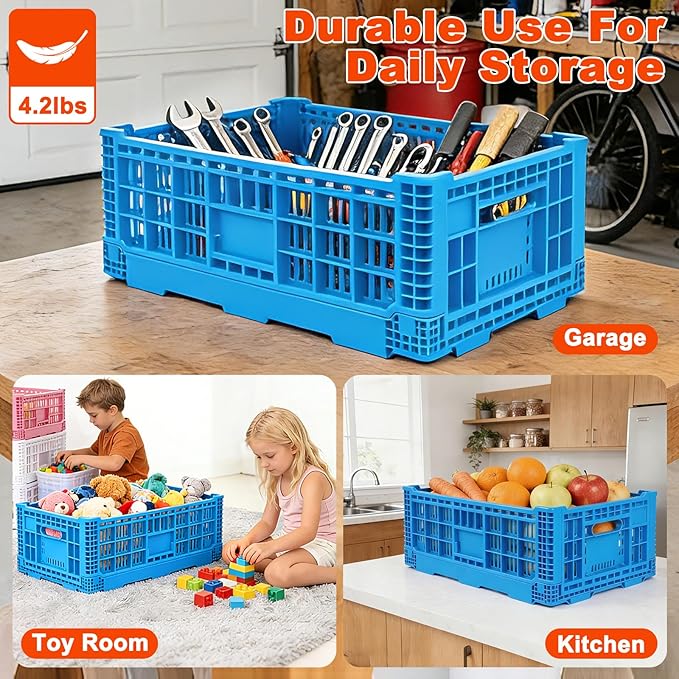 Shineyaplus Collapsible Milk Crate, 1 pck 52L(13GAL) Stackable Storage Bins, Heavy Duty Storage Crates, Plastic Crates for Grocery, Warehouse Organization - Extra Large, Holds 130 lbs Per Bin