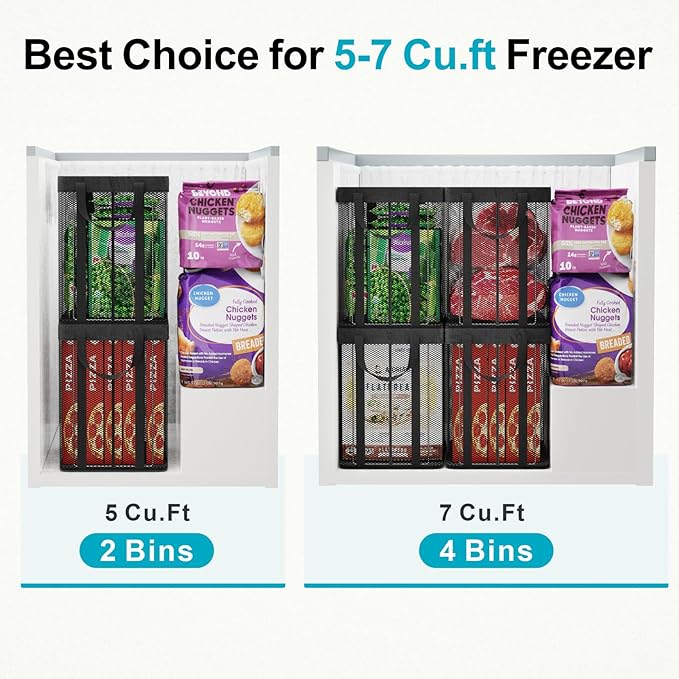 iSPECLE Deep Freezer Organizer Bins - 2 Pack Stackable Deep Freezer Organizer Bins for 5 to 7 Cu.Ft Chest Freezers Easily Access Pizza (≤12"), Faster Freezing Better Freshness, Black