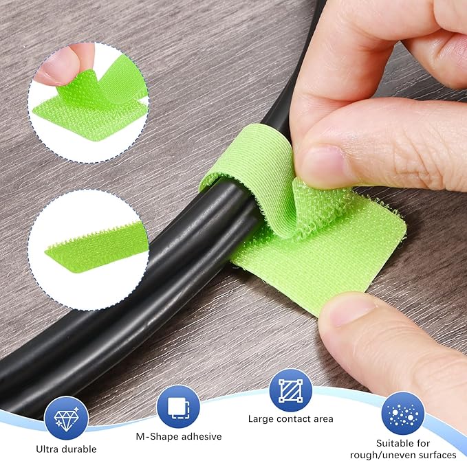 M METERXITY 100-Pack Hook and Loop Cable Ties, 3.5 x 1.1 Inch Enhanced Self-Adhesive Cord Organizer for Desk/Home/Wall/Office Essentials, Cable Management Under Desk [Green]