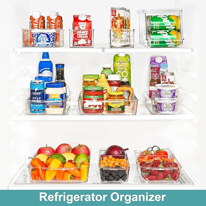 Sorbus Fridge Organizer on Wheels - Rolling Fridge Organizers and Storage Clear Design with Dividers & Handles for Kitchen Organization and Storage (Flat Top, Small - 2 Pack)