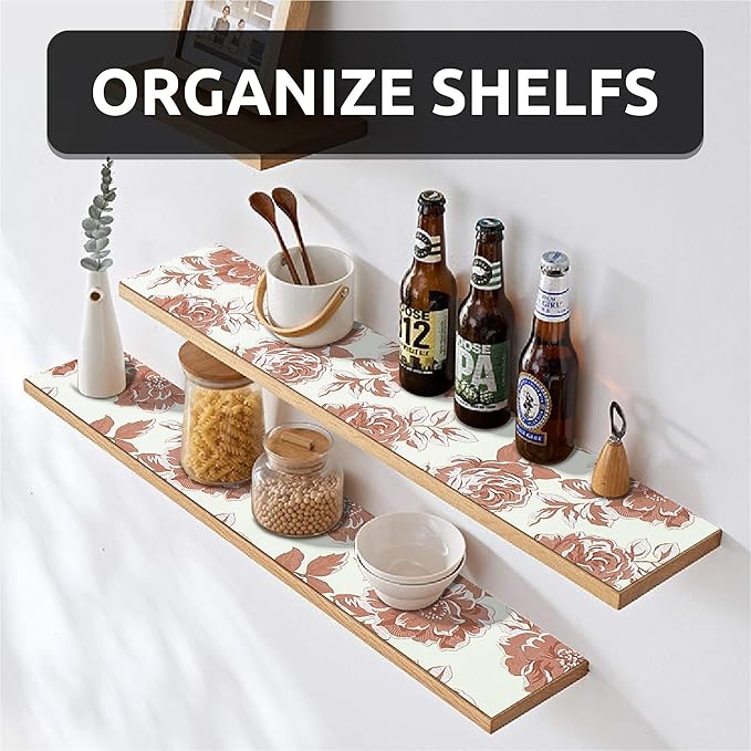 FIFTY FEET 18X96 Inch Shelf Liner for Kitchen Cabinets, PVC Drawer Liner for Dresser Non-Slip Bathroom, Non-Adhesive Cabinet Liner Washable (Red Flower)(4 Roll)