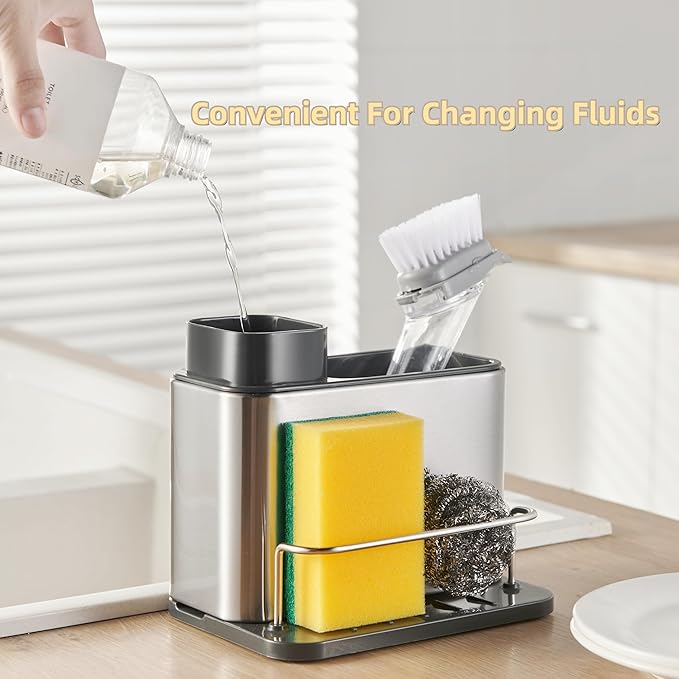Soap Dispenser for Kitchen & Bathroom Sink,3-in-1 Sponge Holder for Kitchen, Organizer Dish Soap Dispenser,Sink Caddy,Stainless Steel Dish Brush Scrubber with Sponge Holder