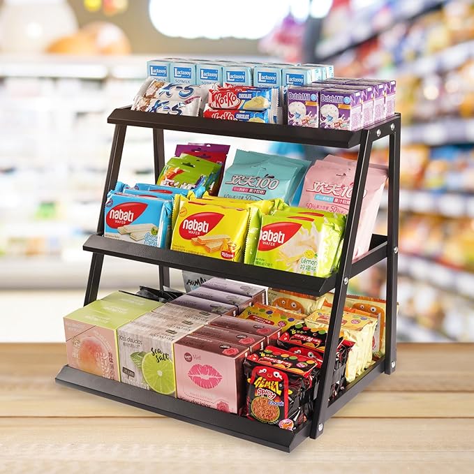 WWN 3-Tier Candy Display - Multi-Functional Counter Snack & Chip Holder for Stores - Cupcake Display Stand (Black)