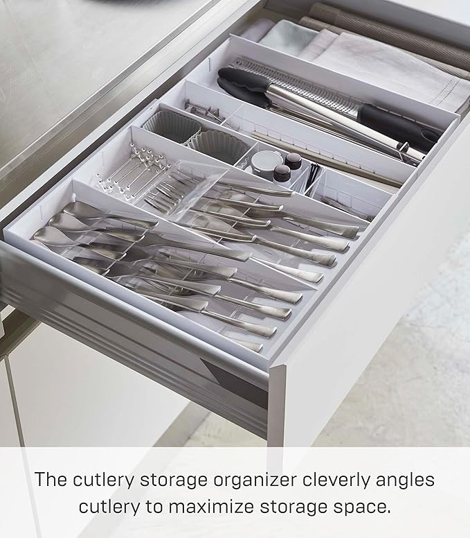 YAMAZAKI Home Tower Expandable Cutlery Kitchen Angled Utensils Storage Silverware Organizer Compact Drawer Insert Tray - Abs Plastic