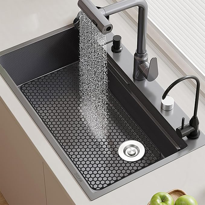 Myirxcv Silicone Sink Mat, 28.62"x 14.76" Heat-resistant Sink Protectors, Drying Mats for Kitchen of Bottom Farmhouse Porcelain Stainless Steel, Kitchen Accessory, Right & Left Drain（Grey）