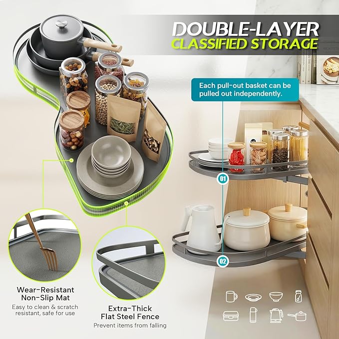 Blind Corner Cabinet Pull Out Organizer 12 14 16 18 Inch, 2 Tier Kitchen Cabinet Organizer, Heavy Duty Adjustable Lazy Susan Shelf with Soft Close, Left or Right Mount for Blind Corner Cabinets