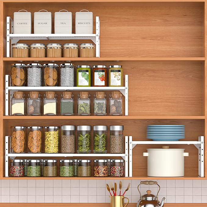 Expandable Kitchen Cabinet Shelf Organizer 2 Pack, Stackable Metal Pantry Storage Shelves, Adjustable Counter Shelf Organizer Rack for Kitchen Cabinets, Cupboard, Countertop, Closet, White
