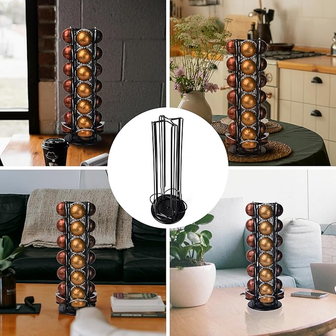 28 Coffee Pods Holder - Black - 360° Spinning Coffee Pod Carousel Stand | Holds 28 Capsules | Compact Countertop Organizer with Silent Rotation, Durable & Modern