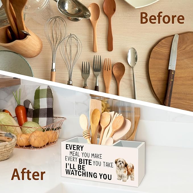 Shih Tzu Dog Kitchen Utensil Holder for Countertop, Dog Decorative Lover Gifts, Funny Every Meal You Make Every Bite You Take Wooden Utensil Holder Organizer for Kitchen Table Decor