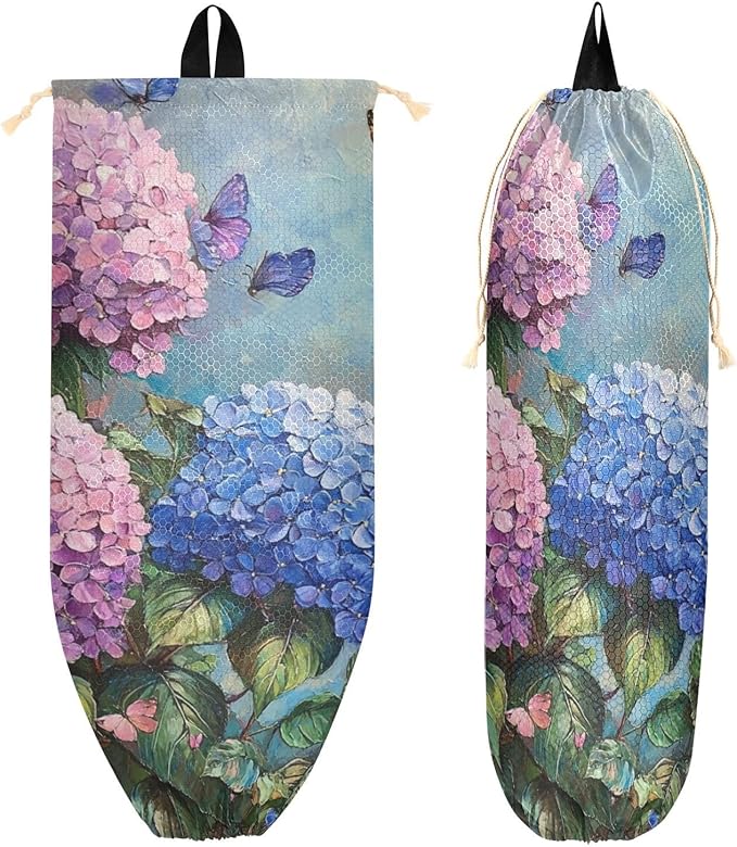 Plastic Bag Holder Wall Mount Grocery Bag Shopping Bag Storage Holder Organizer Dispenser with Adhesive Hook,for Kitchen Bathroom Home Decor 9x22 Inches Hydrangea with Butterfly19