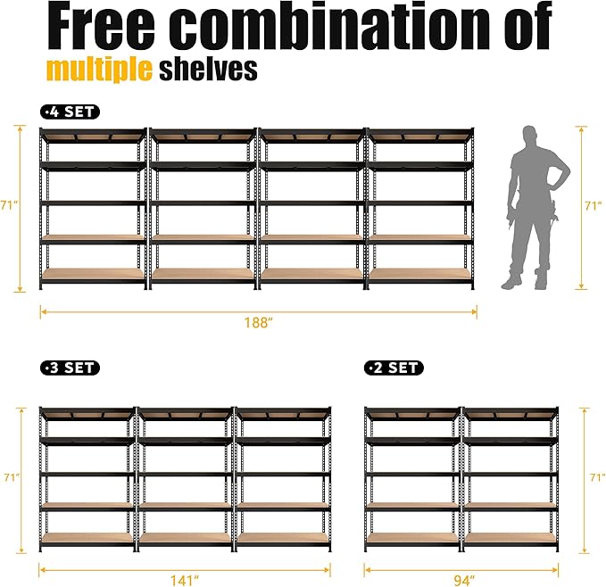 PrimeZone 3 Pack Heavy Duty Storage Shelves - 47"W x 18"D x 71"H 5 Tier Adjustable Garage Storage Shelving, Metal Utility Rack Organizer Shelf Unit for Warehouse Pantry Closet Kitchen Basement, Black