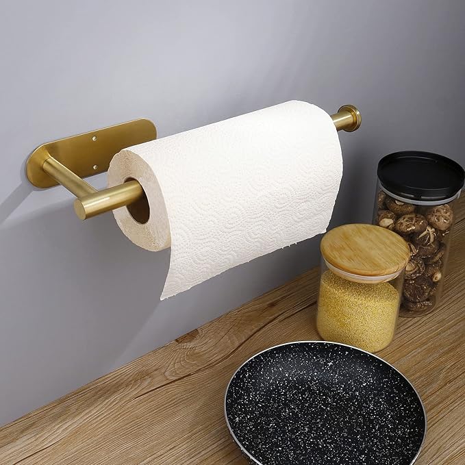 Gold Paper Towel Holder Under Cabinet, Adhesive Paper Towel Roll Holder Stick on Wall, Stainless Steel Towel Paper Holder for Bathroom Kitchen