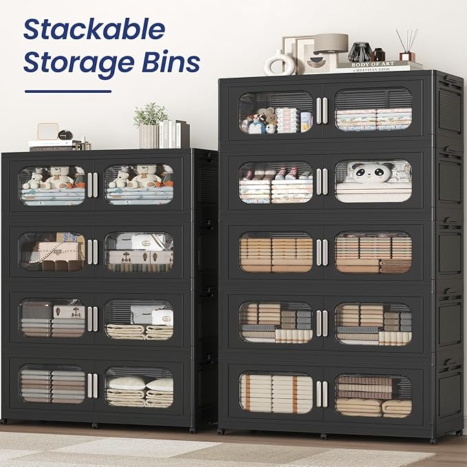 QAVABIN 200GAL Extra Large Storage Bins with Lid, 800QT Storage Bins with Wheels, Folding Closet Organizer, Stackable Collapsible Plastic Storage Containers for Home, Office, Kitchen, 4Pack Black