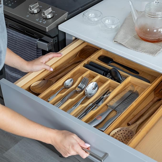 Liviys Cutlery Drawer Organizer for Kitchen Utensils, 13-20 Inches Expandable Bamboo Utensil Tray, Large Wooden Silverware Organizer Insert for Kitchen Drawers