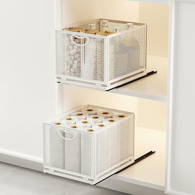 2 Pack Pull Out Cabinet Drawer,Metal Mesh Slide Out Shelves Organizer,Frameless Cabinets Suitable,Simple Housewares Pull Out Cabinet Sliding Basket (11.8" D*9.6" W*8.4" H)