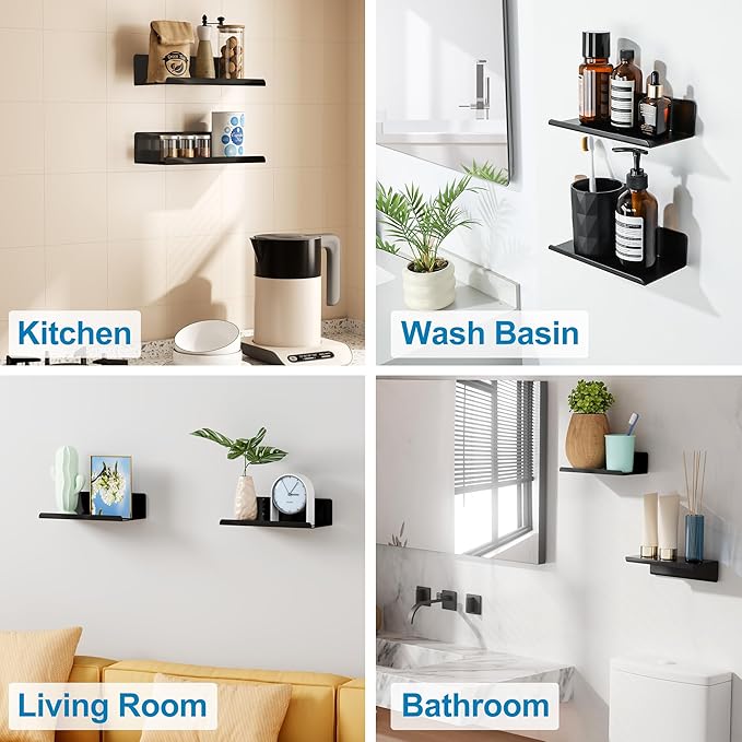 SAYAYO Black Floating Shelves for Wall Storage, 8 Inch Adhesive Wall Shelves for Bedroom Decor, Small Display Bathroom Shelf Organizer for Kitchen, Living Room, Office, 2pcs