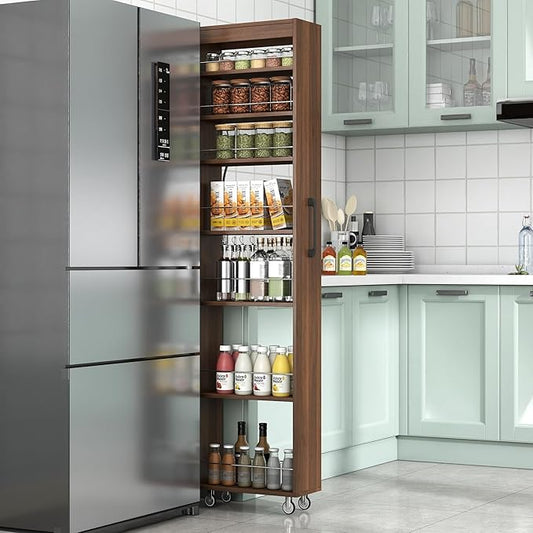 7-Tier Slim Mobile Shelving Cart with Wheels, Rolling Pantry with 7 Racks, Narrow Pull-Out Utility Cart, Space Saving Storage Organizer Carts for Kitchen Living Room Bathroom Narrow Spaces, Walnut
