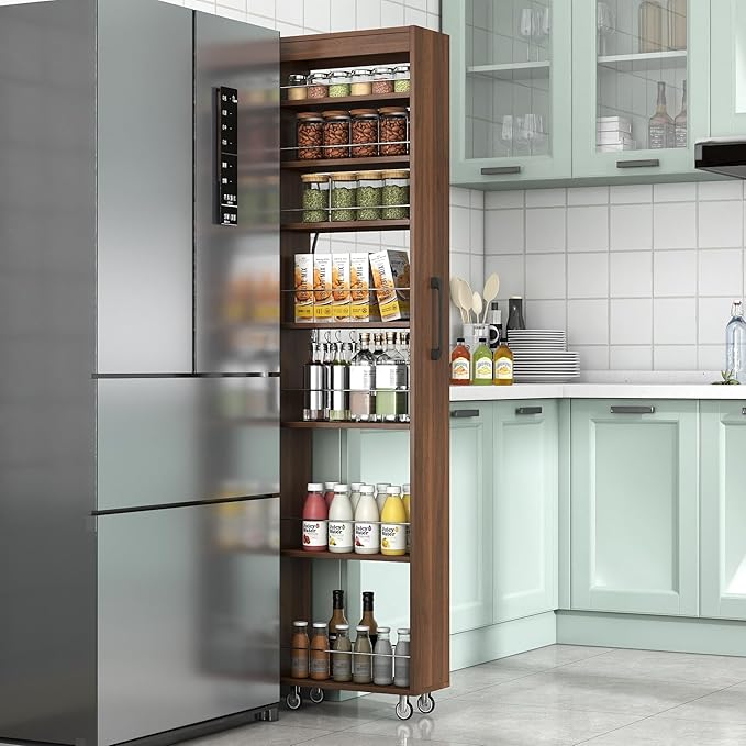 KEIKI 7 Tier Pull-Out Kitchen Pantry Storage Cabinet, Multi-Tier Single-Sided Open Shelf, Spice Rack Next to Fridge, Wood Hutch Food Pantries Cupboard for Coffee Bar, Dining Room, Narrow Spaces