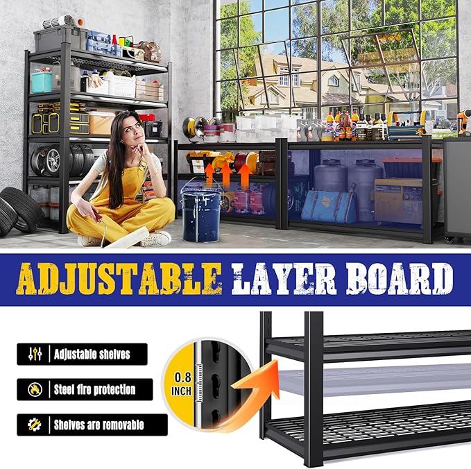 45.6"W Garage Shelving Heavy Duty Storage Shelves, 5-Tier Adjustable Metal Shelving Unit, Utility Garage Organizer Shelf for Basement, Pantry, Warehouse, Supermarket, 45.6" W x 19.7" D x 78" H