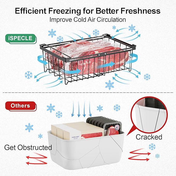 iSPECLE Freezer Organizer Bins - Fit 10 to 20 Cu.FT Chest Freezer, 4 Pack Expandable Stackable Large Deep Freezer Organizer Bins Sort Food, Easily Get Food from Bottom Better Ventilation, Black