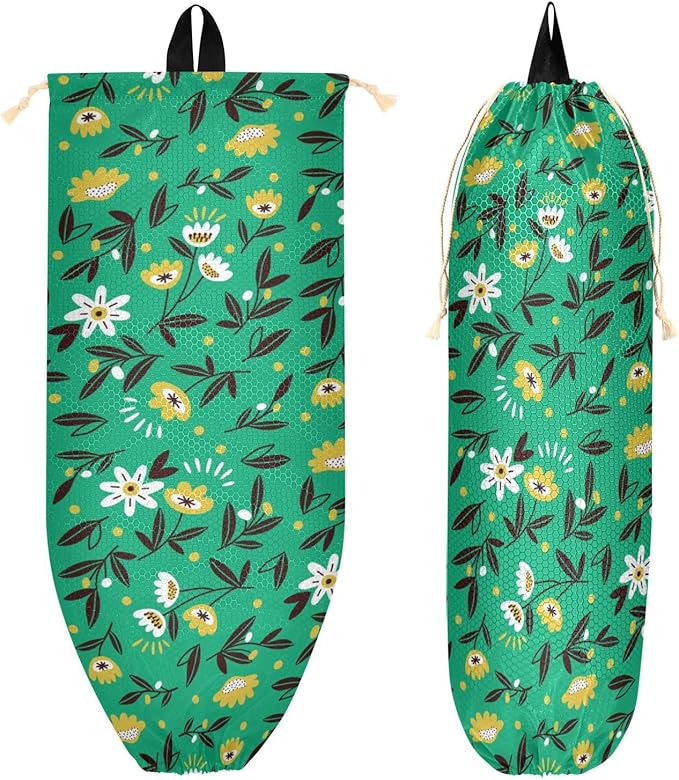 2 PCS Plastic Bag Holder - Wall Mount Grocery & Trash Bag Storage Organizer - 22 x 9 Inch - Small Flowers - Green