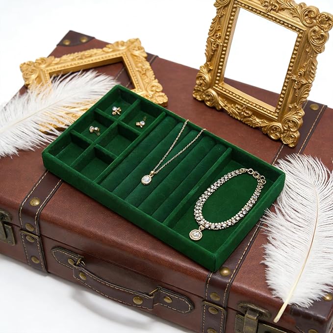 Velvet Jewelry Organizer Trays Dark Green Stackable Jewelry Storage Display Tray with Removable Dividers, 3-in-1
