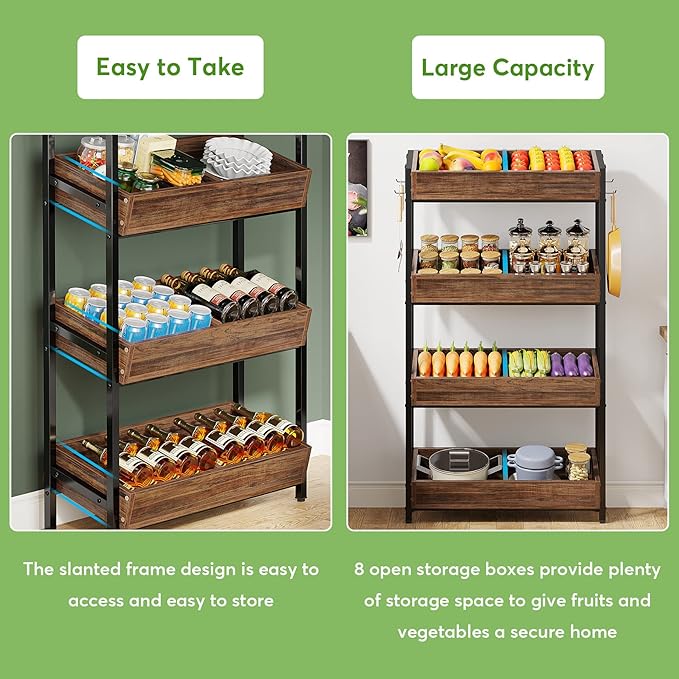 LITTLE TREE 4-Tier Wood Fruit Vegetable Storage Basket Stand Set of 2, Versatile Utility Shelf Rack for Kitchen, Office, Store, Supremarket, Vintage Brown