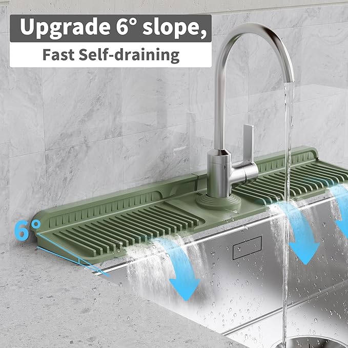 WAFT YEARN 24X5 Inch Silicone Durable Faucet Mat Kitchen Sink Splash Guard Draining Protector Tray Liner Absorbent Protective Counter Accessories For Sink Kitchen Bathroom Laundry Room Bar & RV Green